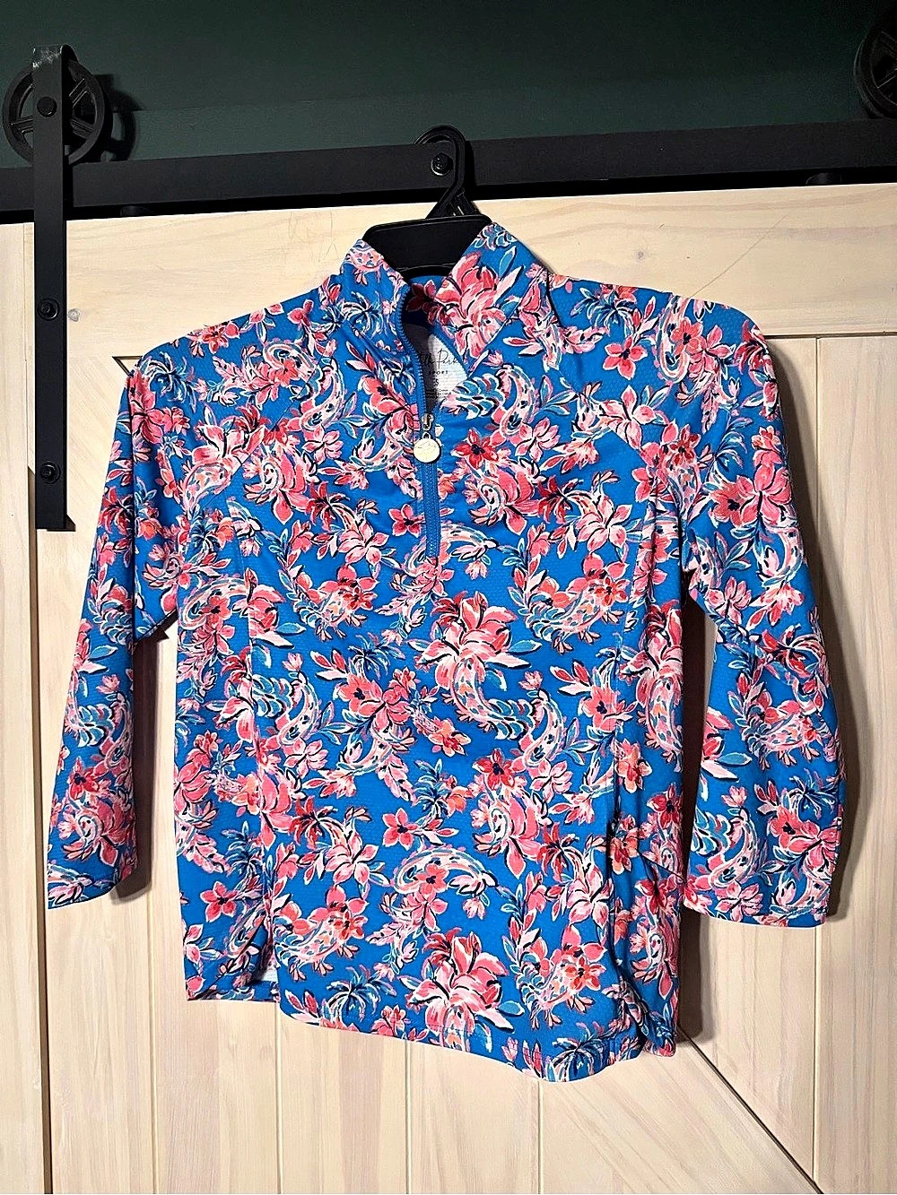 Stella Parker Long Sleeve Print Half Zip Top Blue & Pink Small